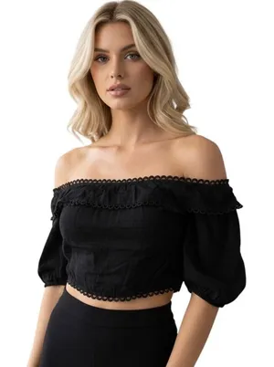 Lulus Black Off Shoulder Ruffle Cropped Puff Sleeve Top Womens‎ Size Small thumbnail 1