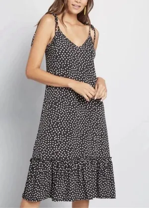 Modcloth Black Polka Dot It's a Go Tie Shoulder V Neck Ruffle Hem Midi Dress thumbnail 1