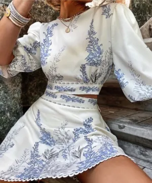 Boho Midi Dress Floral Print Cut Out Tie Back Cuff Sleeve Cream Blue Puff NWOT thumbnail 1