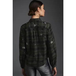 Pilcro Anthropologie Embroidered Sequin Plaid Flannel Shirt Size Small thumbnail 2