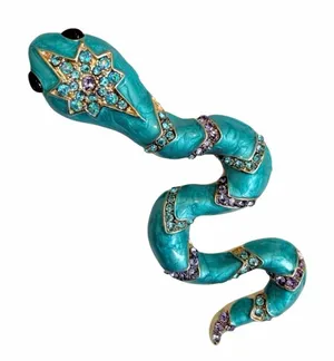 Turquoise Enamel Snake Brooch – Rhinestone Statement Serpent Pin Blue thumbnail 1