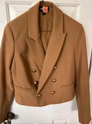 Express double breasted brown and gold buttoned blazer military style jacket siz thumbnail 1