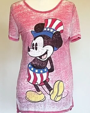 Disney Red‎ White & Blue Mickey Mouse Burn Out Tee Sz M thumbnail 1