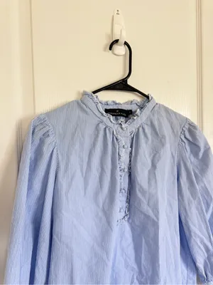 Tuckernuck Pomander Place Light Blue Pinstripe Ruffle Popover Blouse thumbnail 2