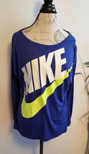 Nike Womens‎ Long Sleeve Graphic Tee Royal Blue Neon Lime Swoosh Scoop Neck L thumbnail 1