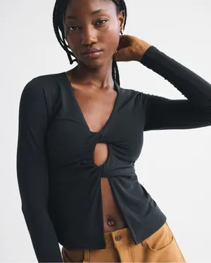 Abercrombie & Fitch Bra-Free Black Twist-Front Long Sleeve Cutout Top thumbnail 1