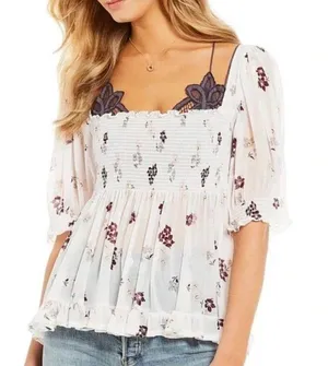 free people floral mesh smocked top thumbnail 1