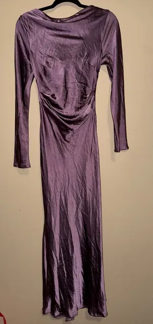 Selfie Leslie NWT Grape Satin Cowl Neck Back Maxi Slip Dress Long Sleeve S Formalware Holiday thumbnail 1