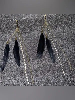 Gold Chain & Black Feather Drop Earrings with Rhinestones thumbnail 4