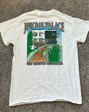Gildan White Tee with Green and Blue Jerome Palace Haunted Hamburger Graphic thumbnail 1