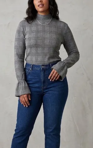 Zara Houndstooth Herringbone Knit Long Sleeve Top Size M thumbnail 1