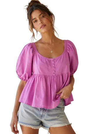 Free People Pink Short Puff Sleeve Veronica Button Front Peplum Babydoll Top thumbnail 1