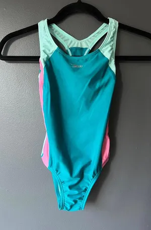 Speedo Women's One-Piece Swimsuit in Teal with Pink and Light Blue Accents thumbnail 1
