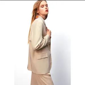 ZARA NEW Women's Size Beige One-Buttoned Long Sleeve Oversized Blazer Jacket Tan thumbnail 5