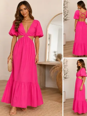 Zara Poplin Cut Out Puff Sleeve Midi Maxi Dress Fuchsia Pink Size M thumbnail 2