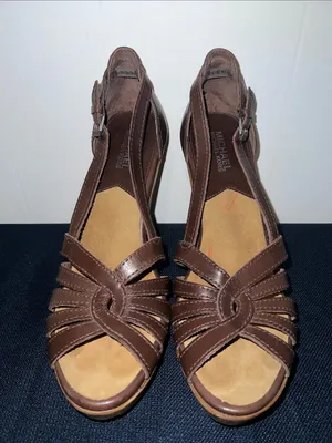 MICHAEL Michael Kors Brown Leather Strappy Wedge Sandals Wooden Heels Size 8 1/2 thumbnail 1