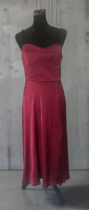 On You Burgundy Satin Slip Midi Dress M Smocked Back Spaghetti Straps thumbnail 1