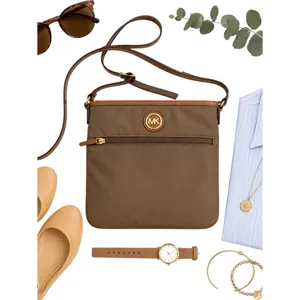 Michael Kors Jet Set Brown Nylon Leather Trim Crossbody Travel Bag 8.5x8 in GUC thumbnail 2
