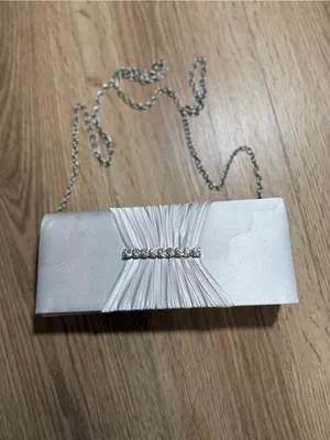 Gunne Sax Silver Satin Evening Clutch‎ with Rhinestone Chain thumbnail 2