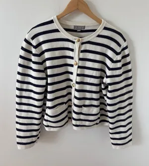 J.Crew Emilie Patch-Pocket Cardigan Sweater Navy White Striped Gold Button XL thumbnail 1