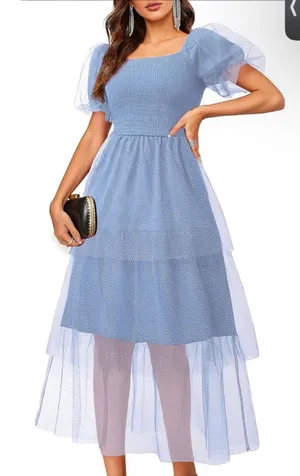 NEW Blue Smocked Tulle Polka Dots Poof Sleeves Midi Dress XL thumbnail 1