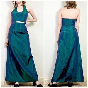 Vintage 00’s Jessica McClintock Gunne Sax Teal Iridescent 2 Piece Formal Dress 5 thumbnail 2
