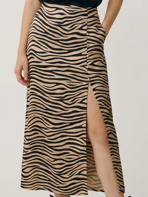 Le Lis Satin Zebra Print Slit Maxi slip Skirt Black Tan Date night Office Siren thumbnail 2