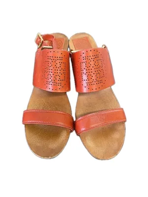 Tory Burch Womens Orange Gold Leather Wooden Wedge Sandals Size 9 Boho Preppy thumbnail 2