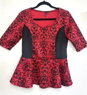 Ultraflirt Red Black Damask Peplum Top Women's Size M‎ Y2K Pinup Whimsigoth thumbnail 1
