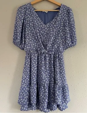 🦋 Sienna Sky Blue White Floral Puff Sleeve Mini Dress Casual Cottagecore Small thumbnail 1