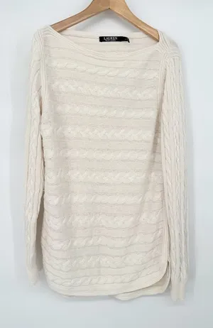 Lauren Ralph Lauren‎ Womens Large Ivory Cable Knit Sweater Minimalist Fisherman thumbnail 1