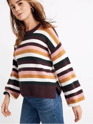 Madewell Women’s Payton Sweater Balloon Sleeve Stripe Cozy Wool Blend, Large thumbnail 1