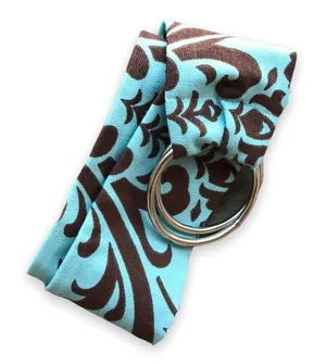 Handmade Womens Belt Brown Blue Damask‎ Wide Fabric Round Rings NEW thumbnail 1