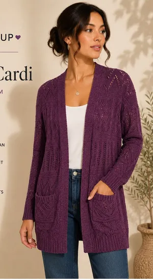 Hooked Up Cozy Cardi Winter Bloom Purple Pointelle Open Front Cardigan S NWT thumbnail 1