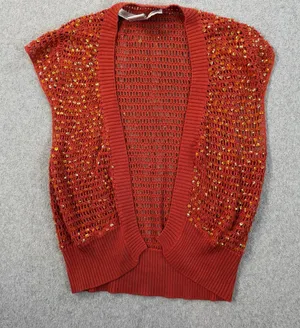 Necessary Objects Women's S Rust Orange Sequin 100% Silk Open Knit Cardigan Vest thumbnail 1