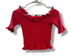 Reformation Ribbed Off Shoulder Crop Top Womens S‎ Red Lettuce Trim Fitted thumbnail 1