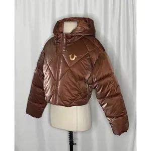 NWT!! TRUE RELIGION High-Shine Metallic Hooded Puffer Jacket Bronze Large thumbnail 7