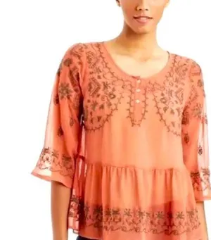 Free People Pennies Sequel Embroidered Peasant Semi-Sheer Blouse Sz M thumbnail 1