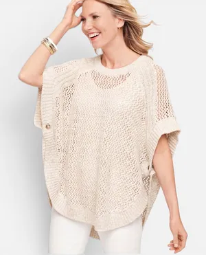 TALBOTS NWOT Open Stitch Poncho‎ in Rattan, Large, Bohemian Neutral Knit thumbnail 1