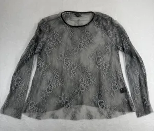 POL Womens Gray Floral Sheer‎ Lace Mesh Long Sleeve Top JFT676 Size Medium thumbnail 1