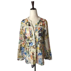 Maeve Abella Blouse Women 0 Ivory Floral Patchwork Pin Tuck Cotton Top Boho thumbnail 2
