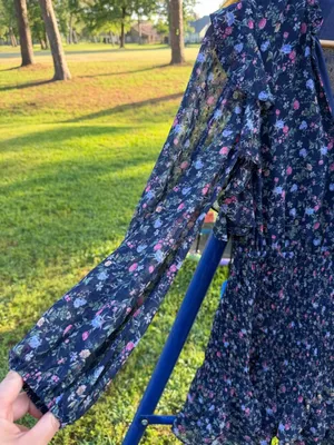 Lush Clothing Floral Smocked Mini Dress Medium Navy Blue Ruffle Long Sleeve Cottagecore thumbnail 7