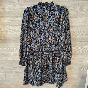 Joy Joy Women Animal Print Blue Tie Neck Long Sleeve Tiered Dress XS‎ thumbnail 4