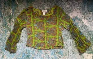 Vintage Y2K 90s Papillon green boho bell sleeve printed top, size medium thumbnail 1