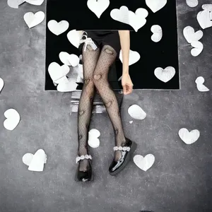 Heart Print Mesh Tights Black Sexy Cut Out High Waist Fishnet Pantyhose One Size thumbnail 8