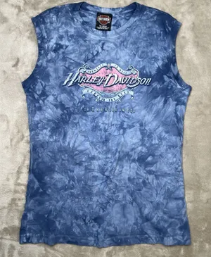 Harley Davidson Daytona Beach FL Womens L Blue Tie Dye Sleeveless Biker Shirt thumbnail 1