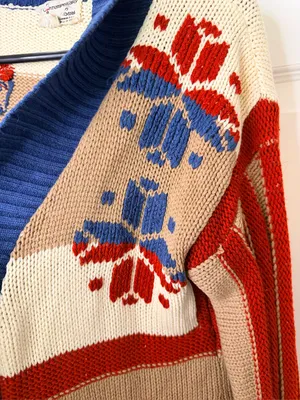 Vtg Sears Contemporary Corner Open-Front Shawl Cardigan Sweater Tan Red thumbnail 4
