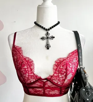 Red Sheer Lace Bralette, Y2K, Lingerie, Coquette, Romantic, Soft‎ Grunge, Small thumbnail 1