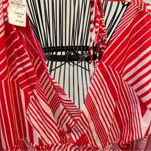 NWT Neiman Marcus Red White Abstract Stripe V-Neck Mini Dress | Size L thumbnail 11