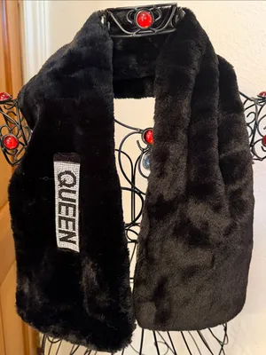 👑👑👑3 for 12$👑👑👑Black Faux Fur Scarf with "QUEEN" Rhinestone Accent thumbnail 1